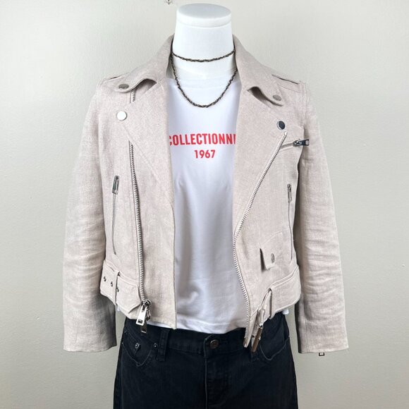 THEORY Women’s Linen Belted Shrunken Motorcycle Jacket - Beige. Size: XS - Picture 4 of 9